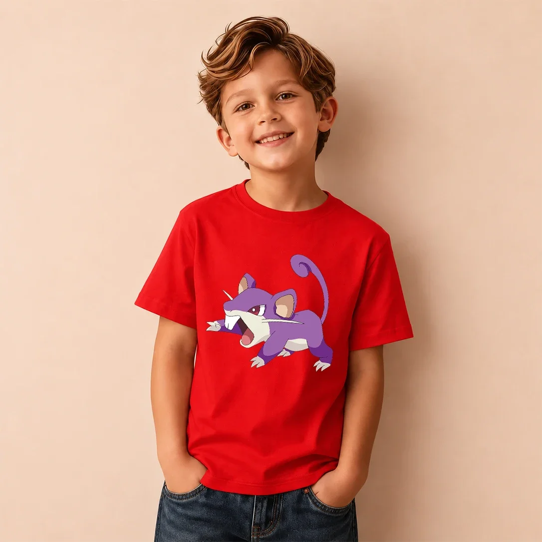 Kids Pokemon Rattata Print Short Sleeve T-Shirt Boys Cartoon Graphic Casual Tee Children Birthday Gift