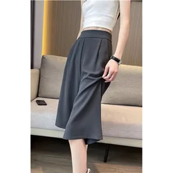 2024 New Summer Fashion Solid Color Elastic Waist Calf-Length Pants Women Clothes Simplicity Pleated Slim Straight Ladies Pants