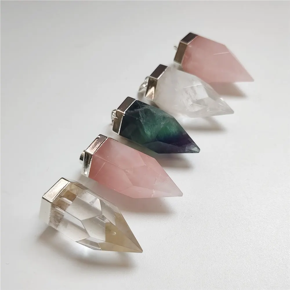 FUWO Wholesale Natural Rose/Clear Quartz Pendant,Silver Plated Fluorite Point Accessories For Jewelry Making 5Pcs/Lot PD326Y