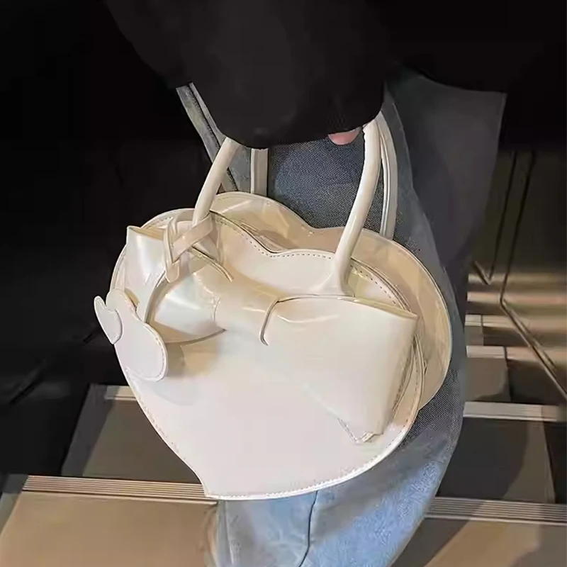 

Bow Heart Shape Handbag Women Summer New Korean Pink Sweet High End PU Crossbody Bags Zipper Casual Commute One Shoulder Bag