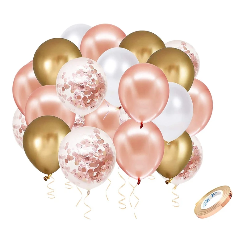 51 Pcs 12 Inch Rose Gold White Confetti Latex Balloons Set, With Rose Gold Ribbon For Birthday Party Wedding Baby Shower