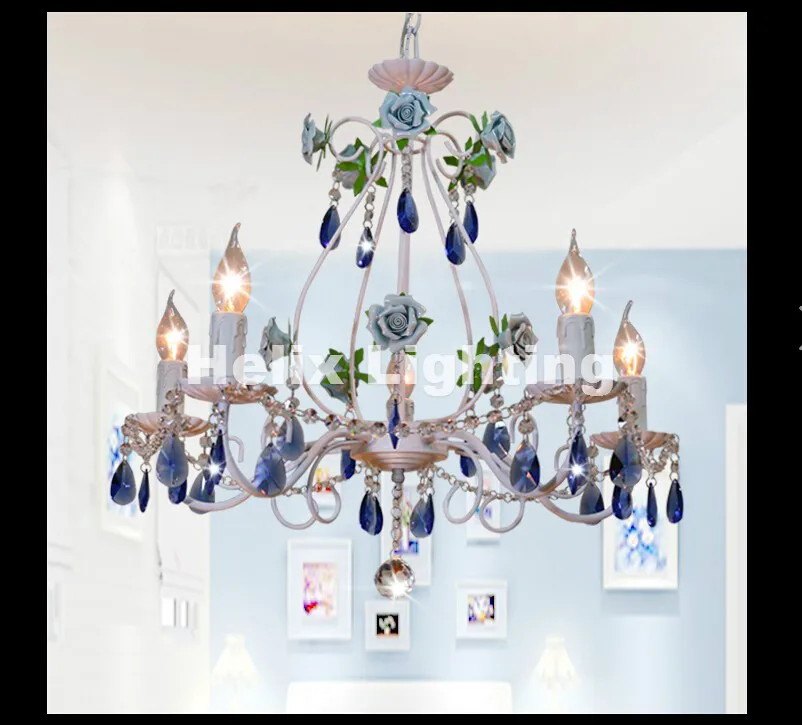 Newly White Blue Rose Style Chandelier Light Luxury Decorative Pendant Lamp Indoor Iron Crystal Chandelier Dining Room Lighting