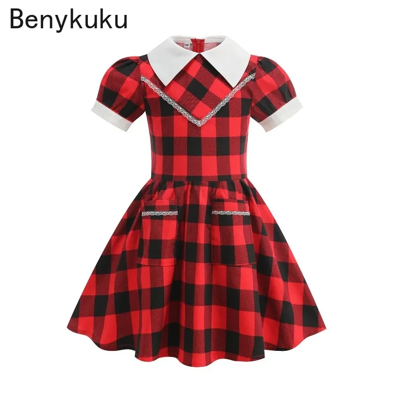 Preto vermelho gingham meninas algodão vestido vintage 2025 verão crianças contraste colarinho puff manga rendas bolsos xadrez crianças vestidos