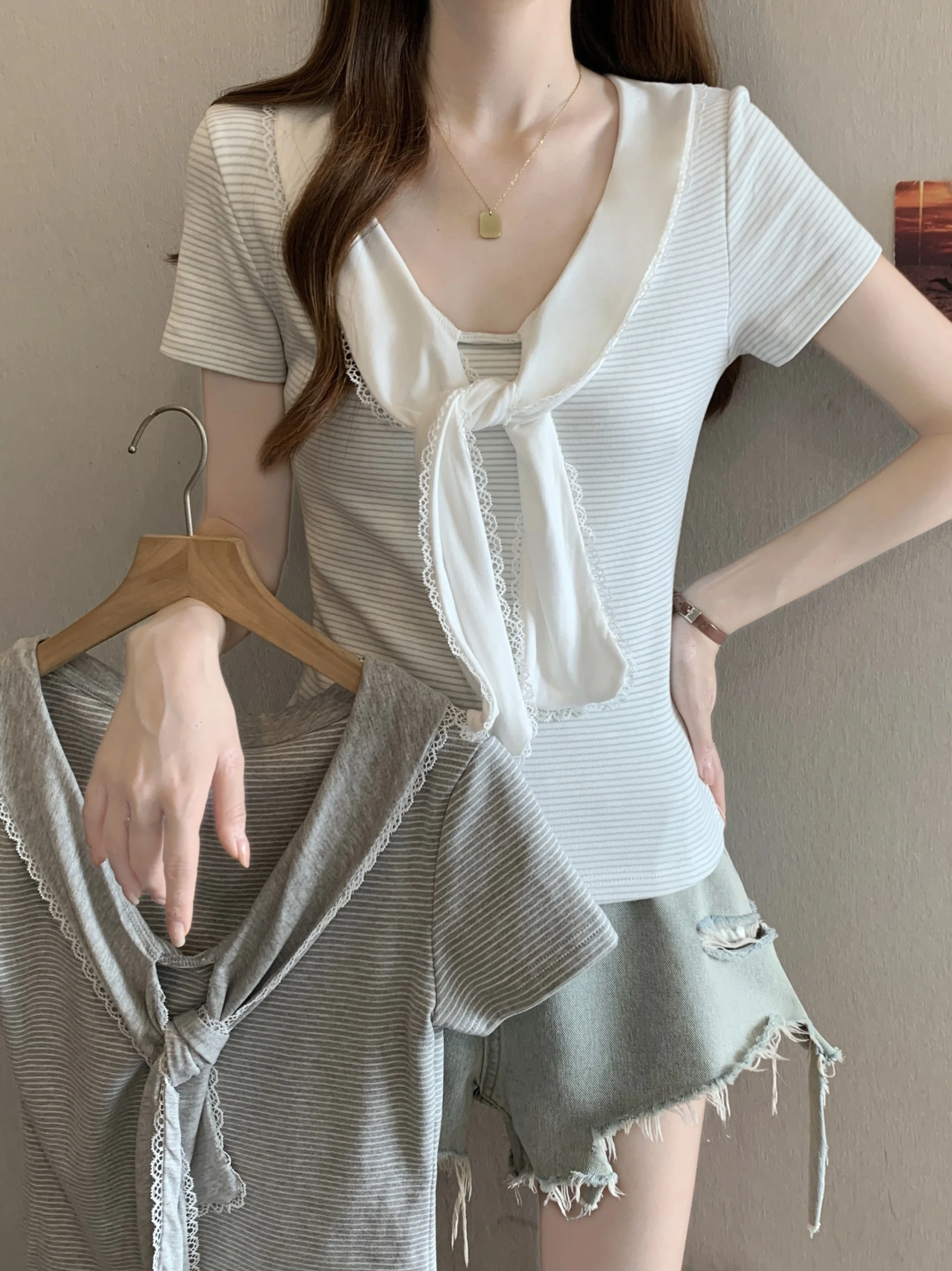 

plus Size Summer Fashionable Casual Short Sleeve T-Shirt Design Slimming Top for plus Size Women V-Neck Knitted Stripe Pattern