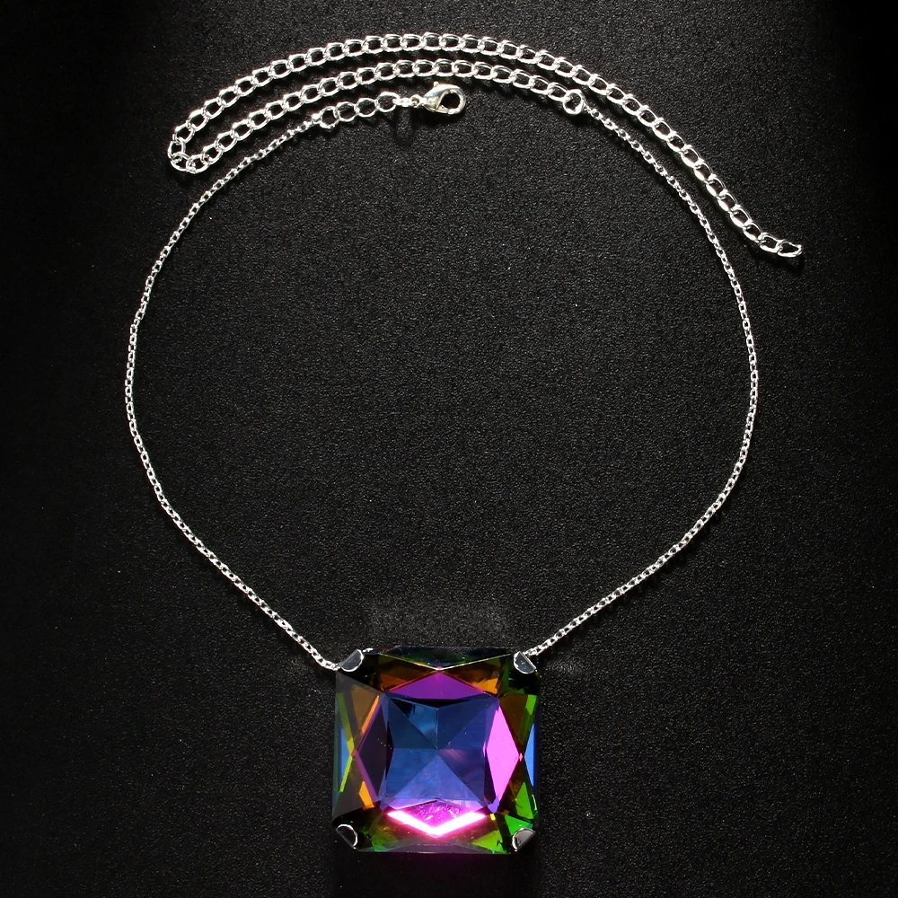 Colorful Oversize Square Necklace Chain Crystal Choker for Women 2024 Trendy Large Geometric Pendant Necklace Statement Jewelry