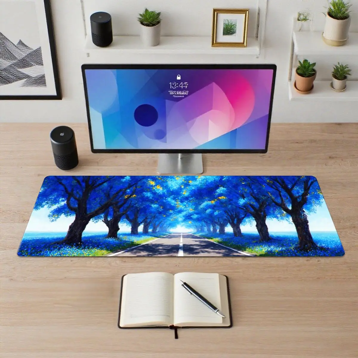Scenic Blue Tree Lane Desk Mat, 31.5in x 11.8in, non-slip base, vibrant HD print, perfect for gaming and office use.