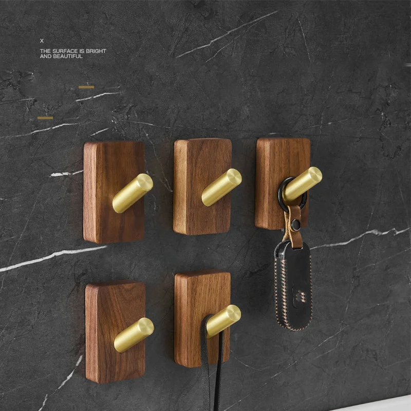 Creative Coat Hook Free Perforated Walnut Wood with Space Aluminum Gold Hanger Wall Doorway Wall Load-bearing Hook Without Trace