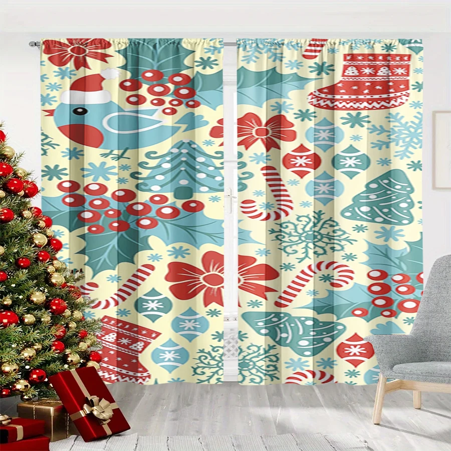2PCS Christmas Winter Curtains, Retro Robin Berry Bow Tree Stocking Candy Cane, Digital Print, Bedroom Living Room, Home Decor