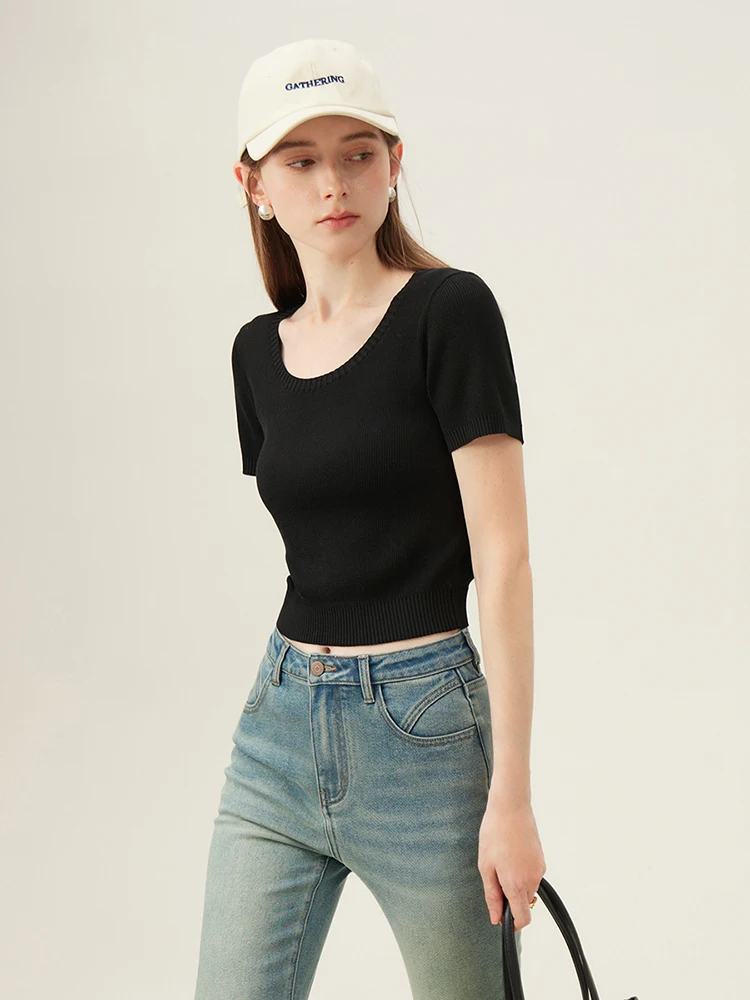 FSLE Simple Style Round Neck Short-sleeved T-shirt for Women 2024 New Summer Korean Style All-match Knitted Top Female 24FS12067