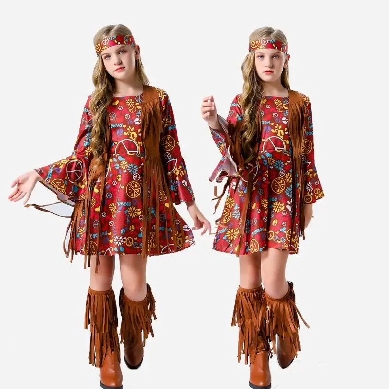 ハロウィン 7080年代 ヒップホップ レトロ 子供用 コスプレ インディアン ロールプレイング 仮装パーティー ドレスアップ服 メイクアップ付き