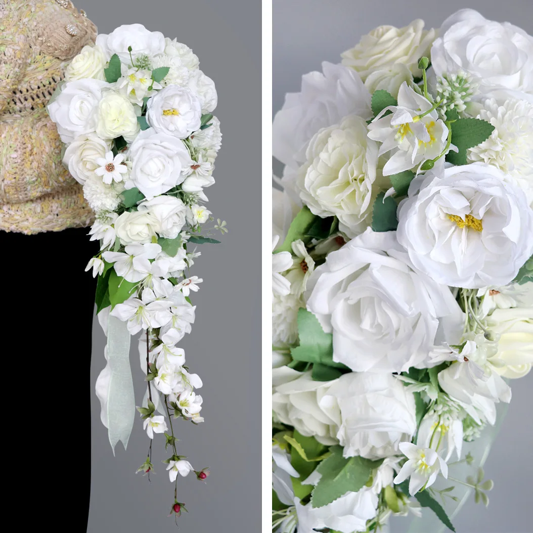 

White Artificial Silk Flowers Wedding Bouquets Waterfall Shape Big Long Marriage Holding Bouquets for Bride