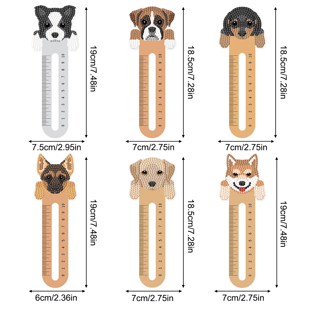 6pcs Cartoon Animal Pattern 2D/Flat DIY Diamond Painting Art Bookmark Ruler Set Suitable for Reading Lovers