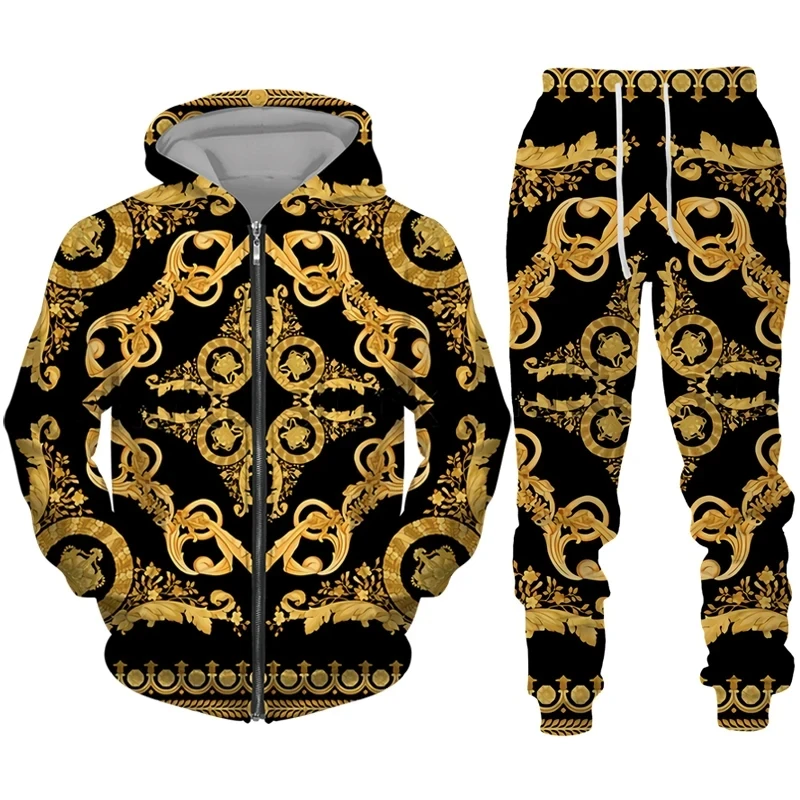 Luxury Golden Pattern 3D Print Men\'s Zipper Tracksuit Set Casual Hoodie+Pants 2pcs Sets Oversized Sweatshirt Fashion Men Clothes