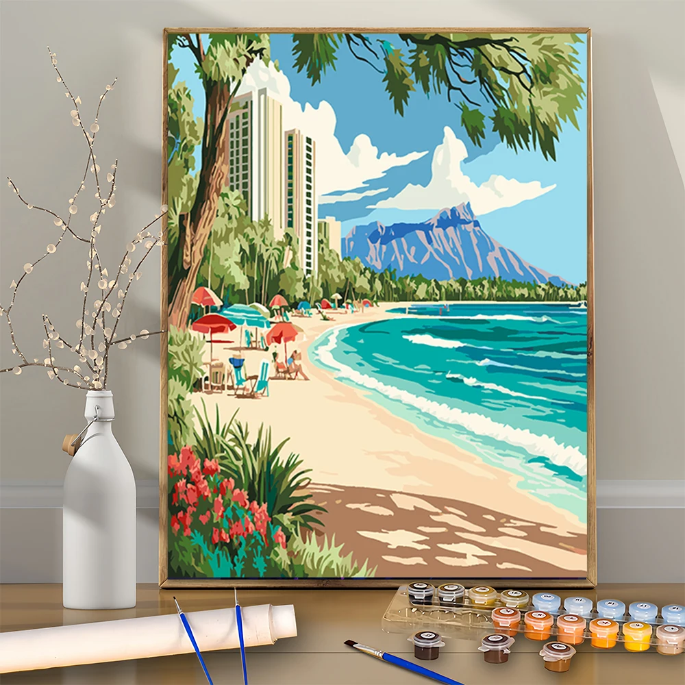 Tiempo tranquilo con sombras de coco junto al mar, Kit de pintura Digital acrílica DIY para principiantes, decoración de pared del hogar no incluida, con