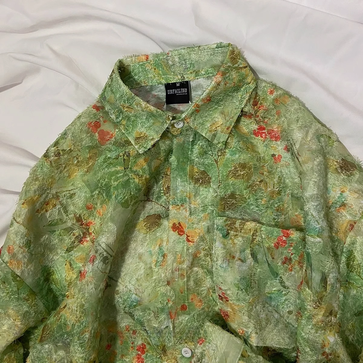 Grass Green Vintage Impression Style Floral Jacquard Stitch Long Sleeve Shirt Unisex Men Women Spring Autumn Shirt Top