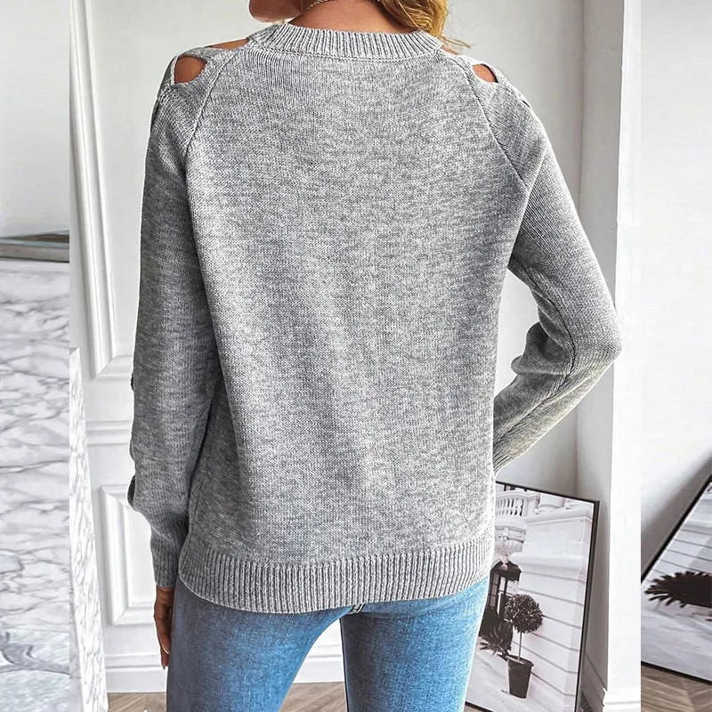 

Women Knitted Sweater Round Neck Pullover Top Sexy Hollowed Out Fabric Strip Splicing Long Sleeved Autumn Winter Sweater