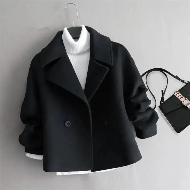 2024 New Autumn Winter Woolen Coat Women Short Slim Fashion Double-Breasted Suit Collar Cardigan Wool Jacket Female Outerwear