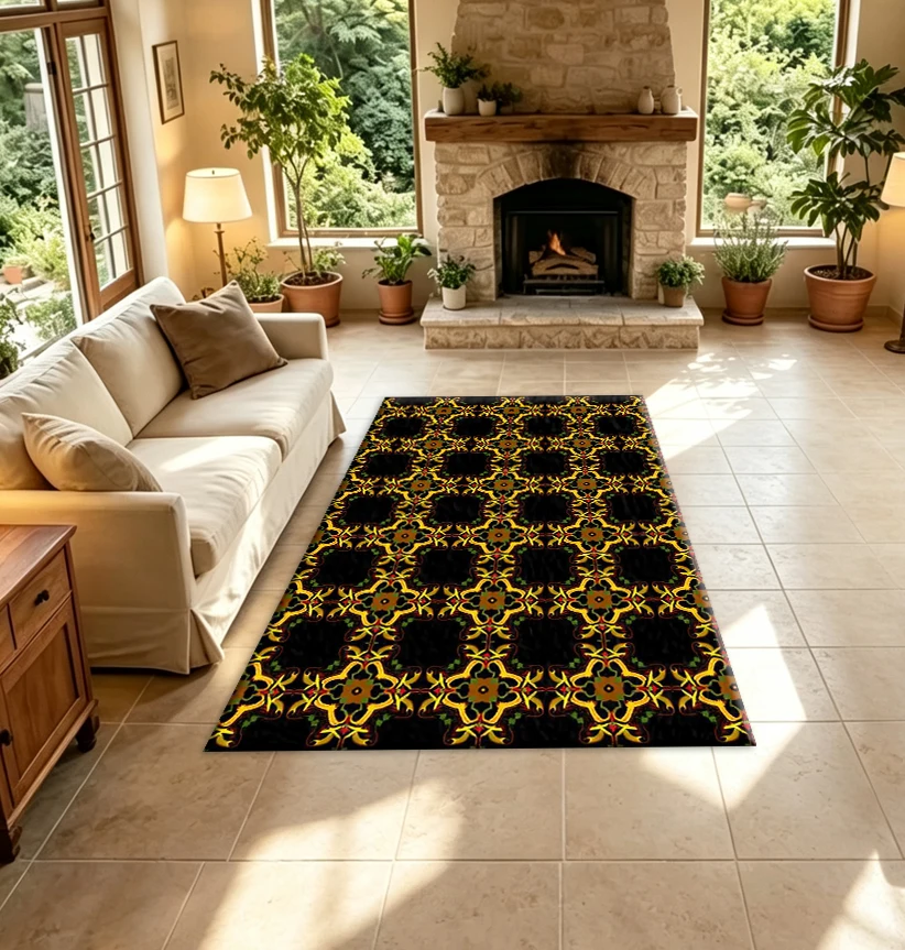 Retro Golden Ethnic Geometric Pattern Carpet