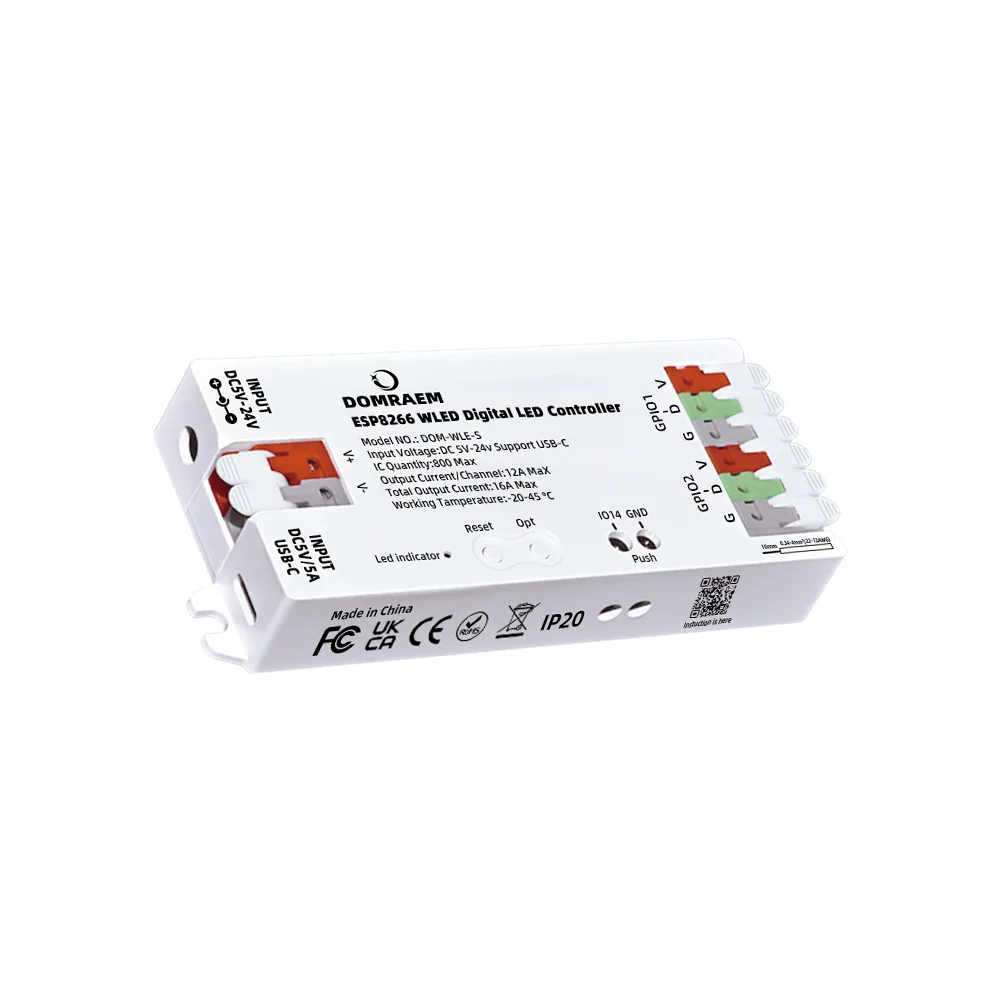 DOMRAEM ESP8266 WLED USB-C Adressierbarer LED-Controller unterstützt WS2811/12/12B/13/14/05 digitale Streifen usw. Spannungswandler 16A Sicherung