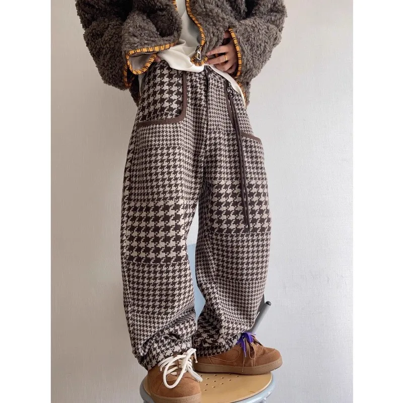 

Men's Autumn Winter Plaid Casual Pants Large Size Warm Woolen Material Asymmetric Vintage Sle Ci Walk Wide Leg Trousers
