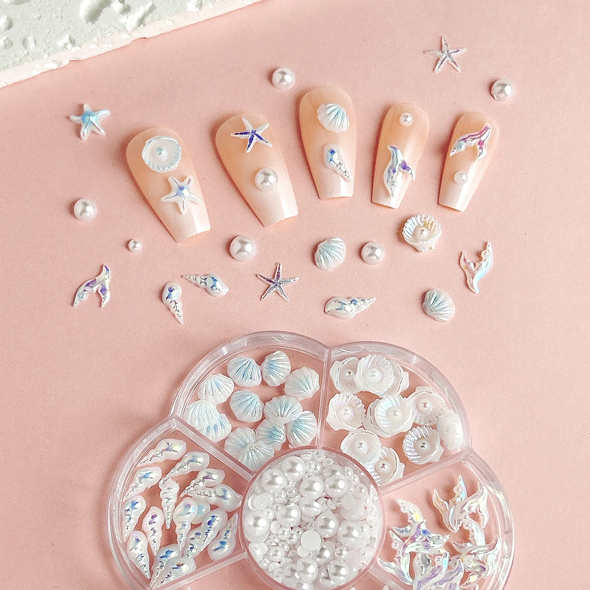 1Box 3D Creative Simulated Shell Starfish Resin Nail Charms Gradient Colored Fish Tail Ocean Series Nail Art Decorations for DIY