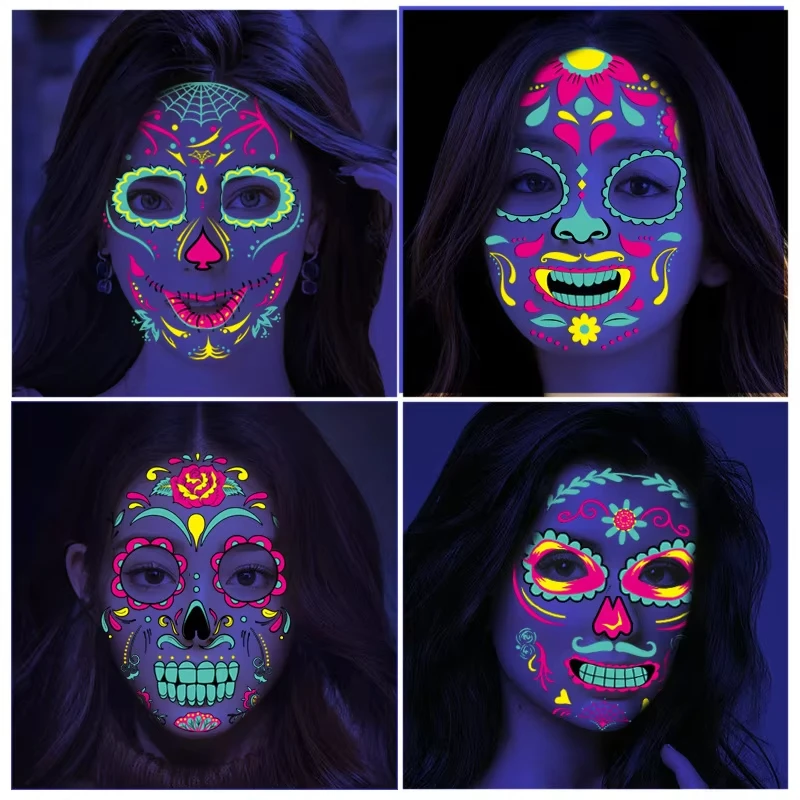 Day of the Dead Halloween Tattoo Fluorescent Waterproof Temporary Face Stickers Makeup Tattoo Dress Up for Women Festival Decal