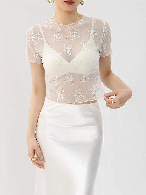 White Lace Mesh Base Shirt Women's Transparent Inner Wear Outerwear Slimming Short Style Korean Version Floral Print Top