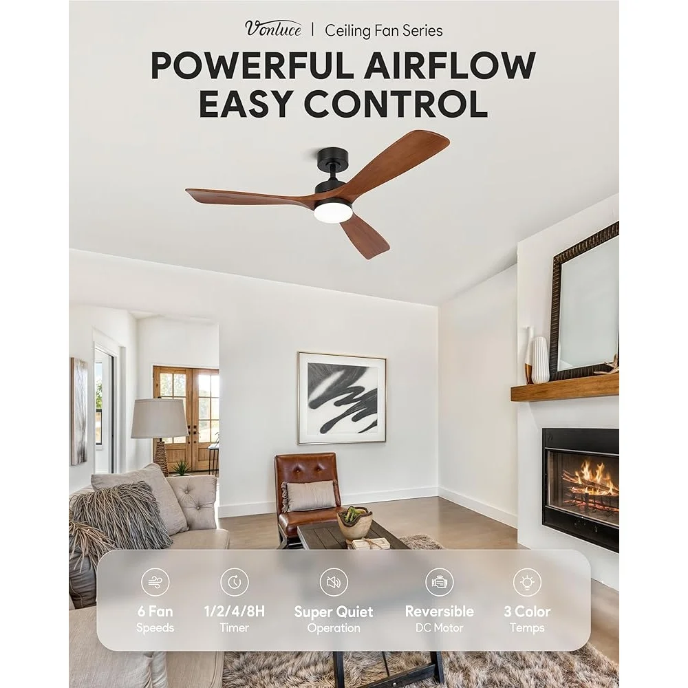 52-дюймовый потолочный вентилятор с подсветкой, пульт дистанционного управления, 6-скоростной реверсивный бесшумный двигатель постоянного тока для использования в помещении и на открытом воздухе с функцией памяти таймера