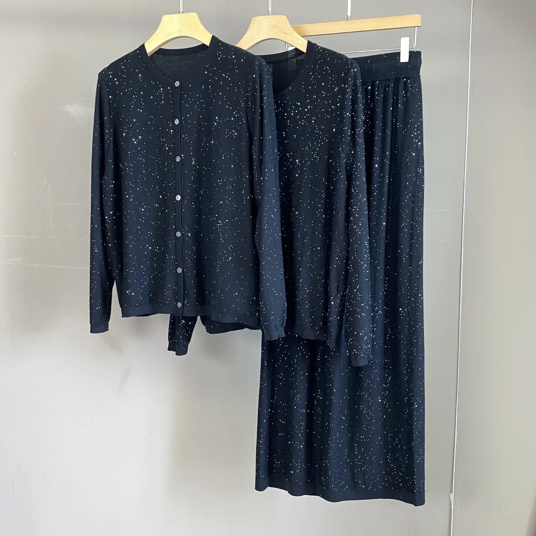 

2025 Autumn And Winter New Round Neck Wool Sequin Cardigan Top Casual All-Match Straight Pants Women