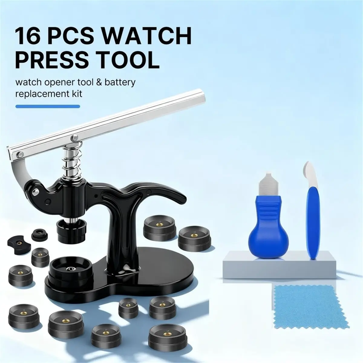 Home Tool Watch Repair Press Tool Set Watch Repair Kit 16pcs Suitable for Size 18mm to 50mm with Watch Case Open Pry Case Closer