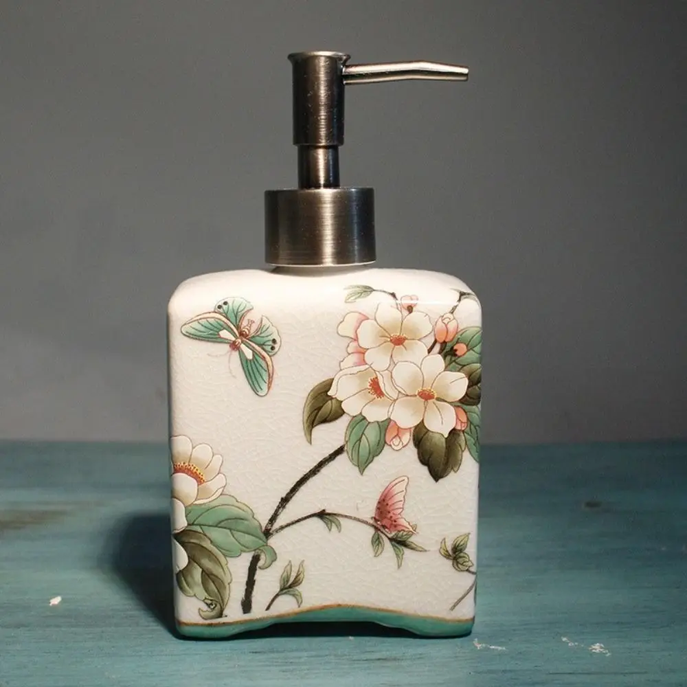 Vintage Hand Soap Dispenser Chinese Style Refillable Ceramic Soap Bottle Non-slip Removable Shampoo Container Kitchen