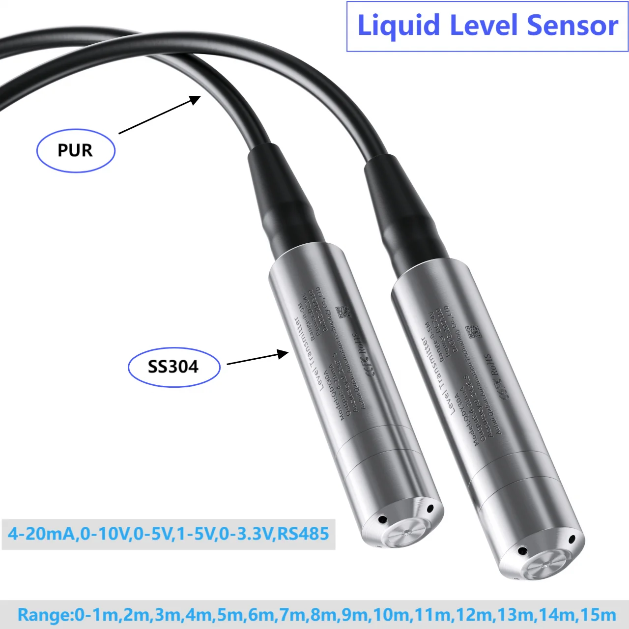 0-14M 13M Liquid Level Transducer Sensor 5M 10M IP68 Submersible Liquid Level 4-20mA RS485 Output Liquid Level Transmitter