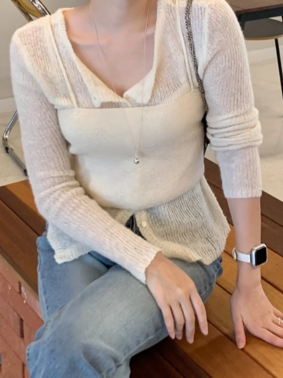 

Slimming Knitted Sweater Cardigan with Single Button round Ne Design plus Strap Outerwear Two-Piece Set Korean Sle Commute