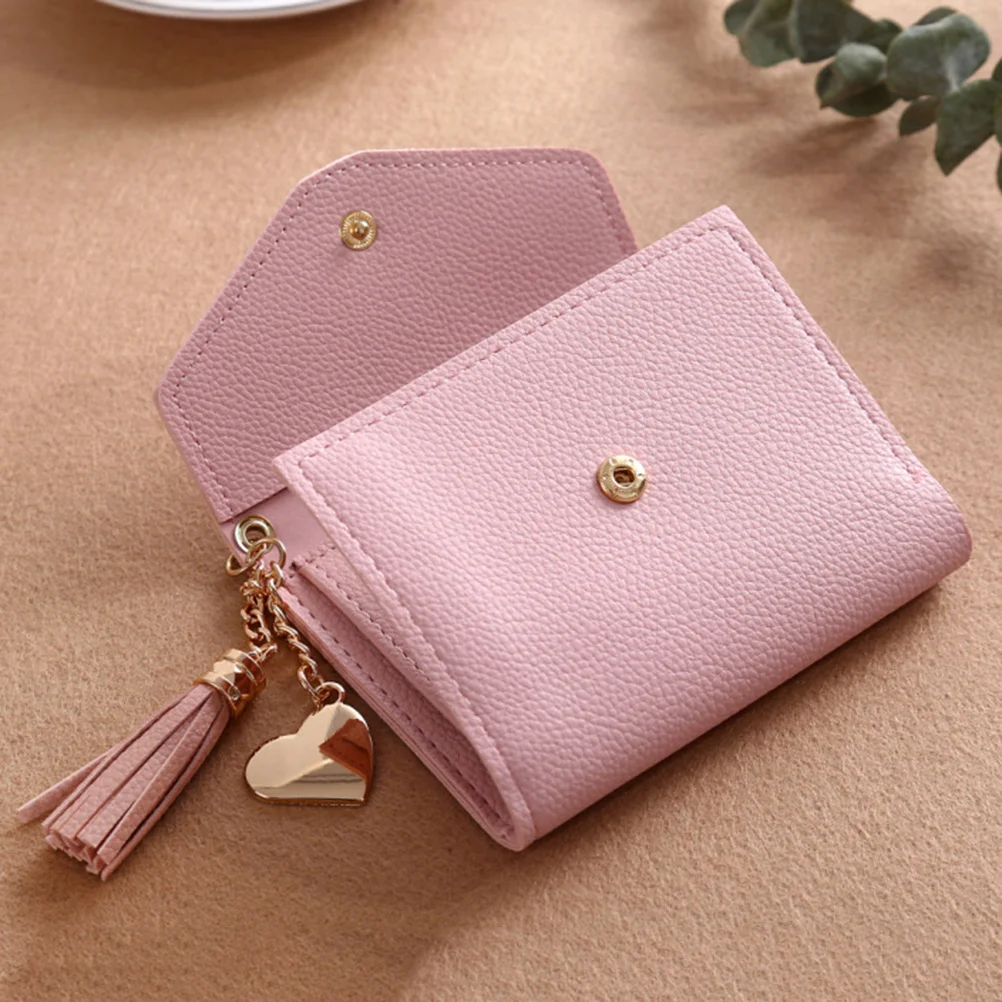 

Mini Multi Card Slot Wallet PU Trifold for Women Lightweight Short Purse with Tassel Heart Pendant Litchi Grain Design