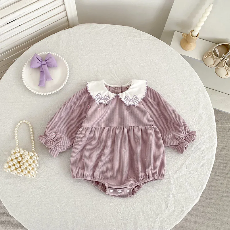 Baby Crawling Clothes Spring and Autumn Long Sleeved Bow Peter Pan Collar Embroidered Girls Baby Romper Newborn Clothes