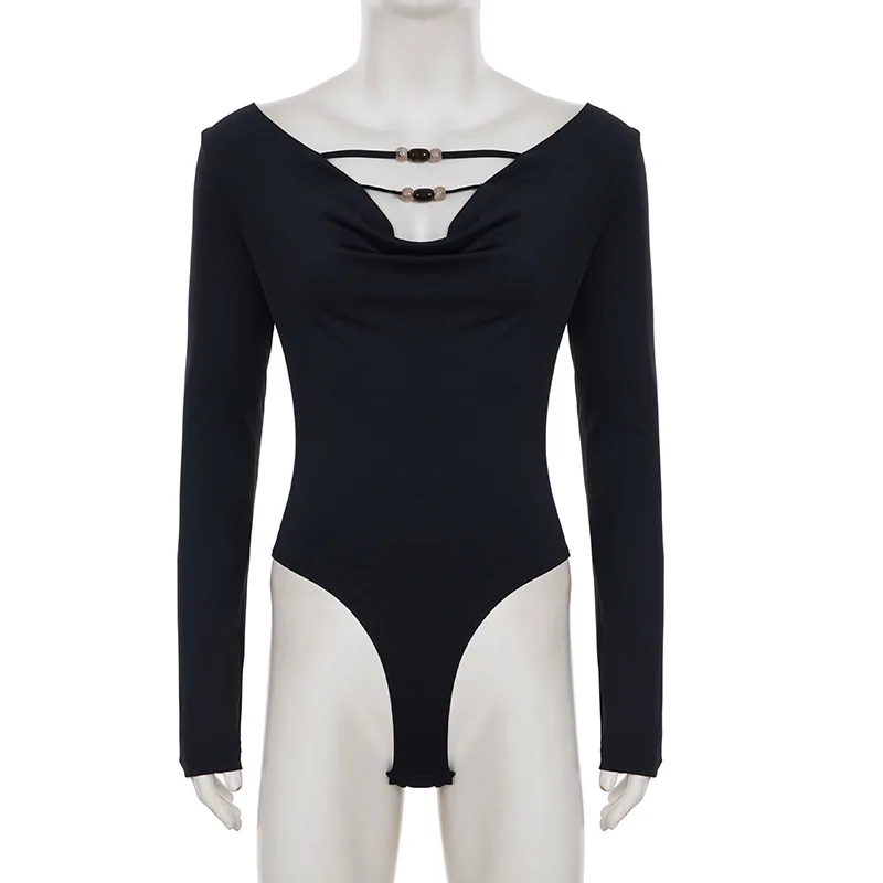 

Сексуальный комбинезон для похудения с длинными рукавами и бисером Spicy Girl с откидным воротником