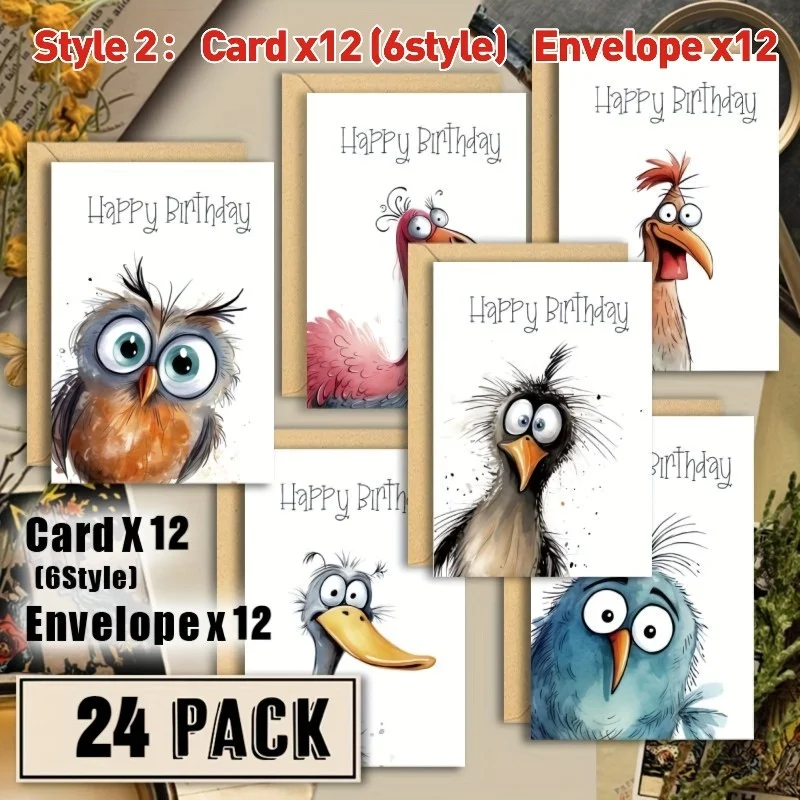 Lot de 12/24 cartes d'anniversaire amusantes avec illustrations d'oiseaux, avec enveloppes, cartes vierges pour la famille et les collègues, pack en gros