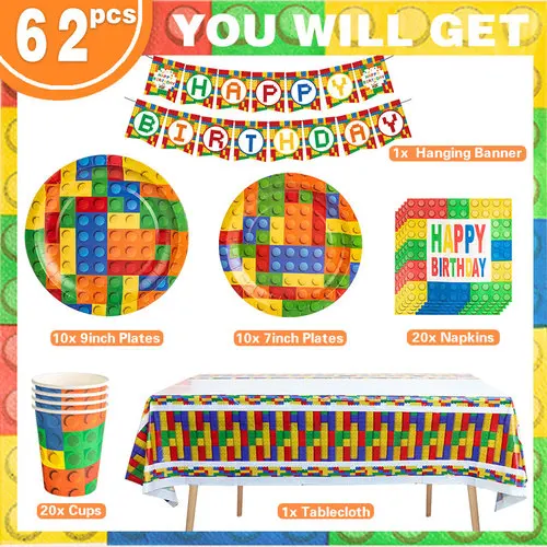 Building Blocks Birthday Party Decoration Tableware Cup Plate Tablecloth Balloons Banner Backdrop Papa Circle Kid Party Supplies - view 5