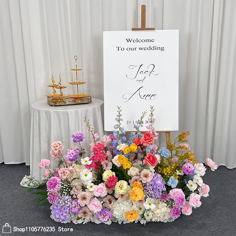 Bunter, gemischter künstlicher Blumen-Hochzeitshintergrund, Rosen-Hortensien-Blumenarrangement, Bühnen-Bodenläufer, Blumen-Partydekoration – Detail 3