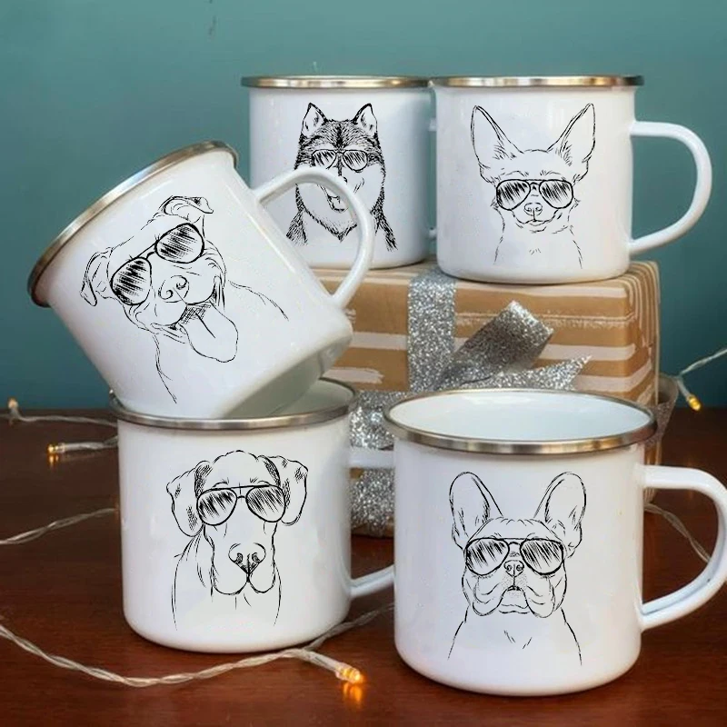 Funny Glasses Dog Print Coffee Mugs Sketch Bulldog Creative Enamel Cups Drink Juice Cocoa Cup Bonfire Picnic Wine Cola Water Mug