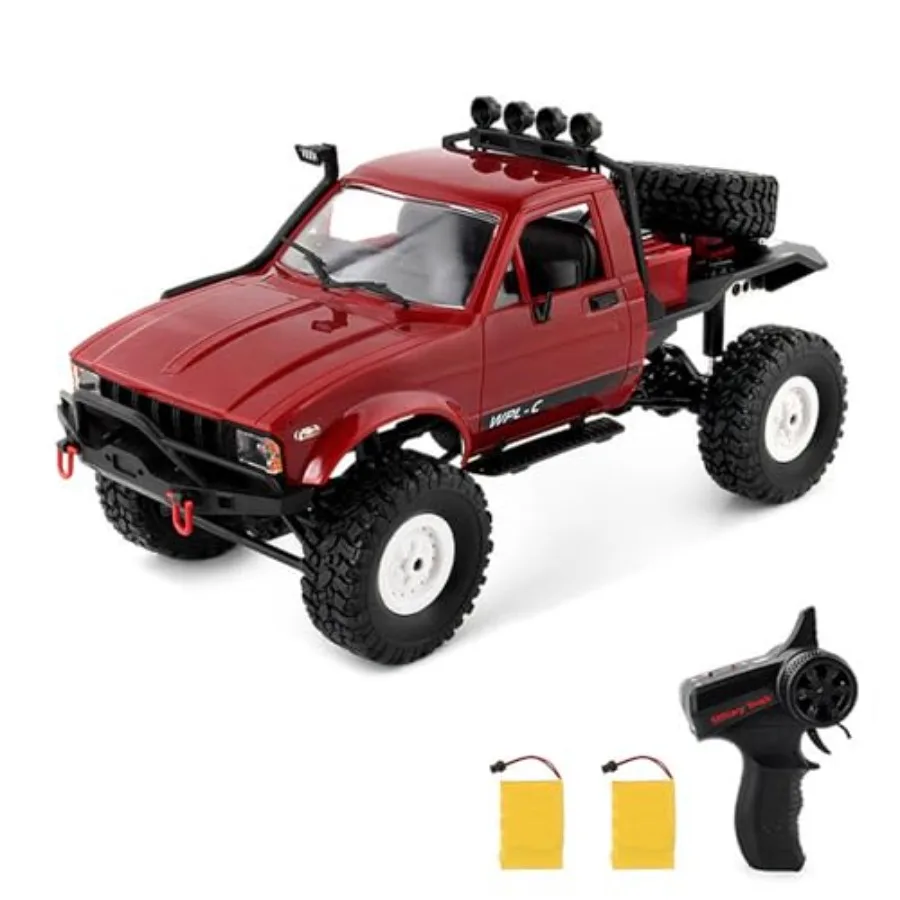 

RC Truck for off-road crawling, ABS plastic body, red, 4WD all-terrain traction with LED lights and dual batteries