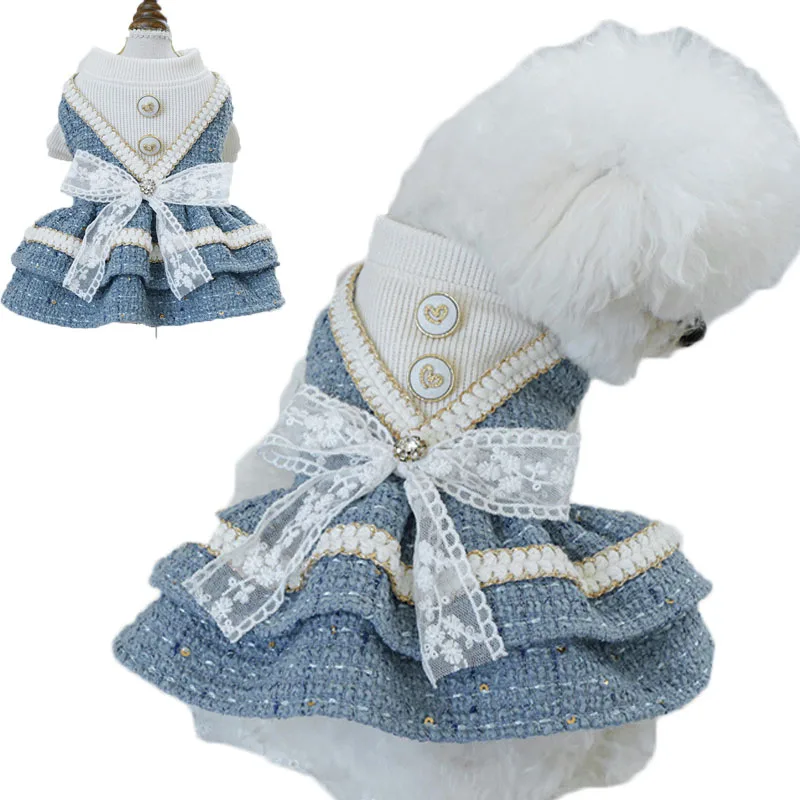 

Luxury Lace Bowtie Dog Dress Coat For Small Dogs Chihuahua Pet Clothes Autumn Winter Woolen Blue Coat Jacket Puppy Skirt Apparel