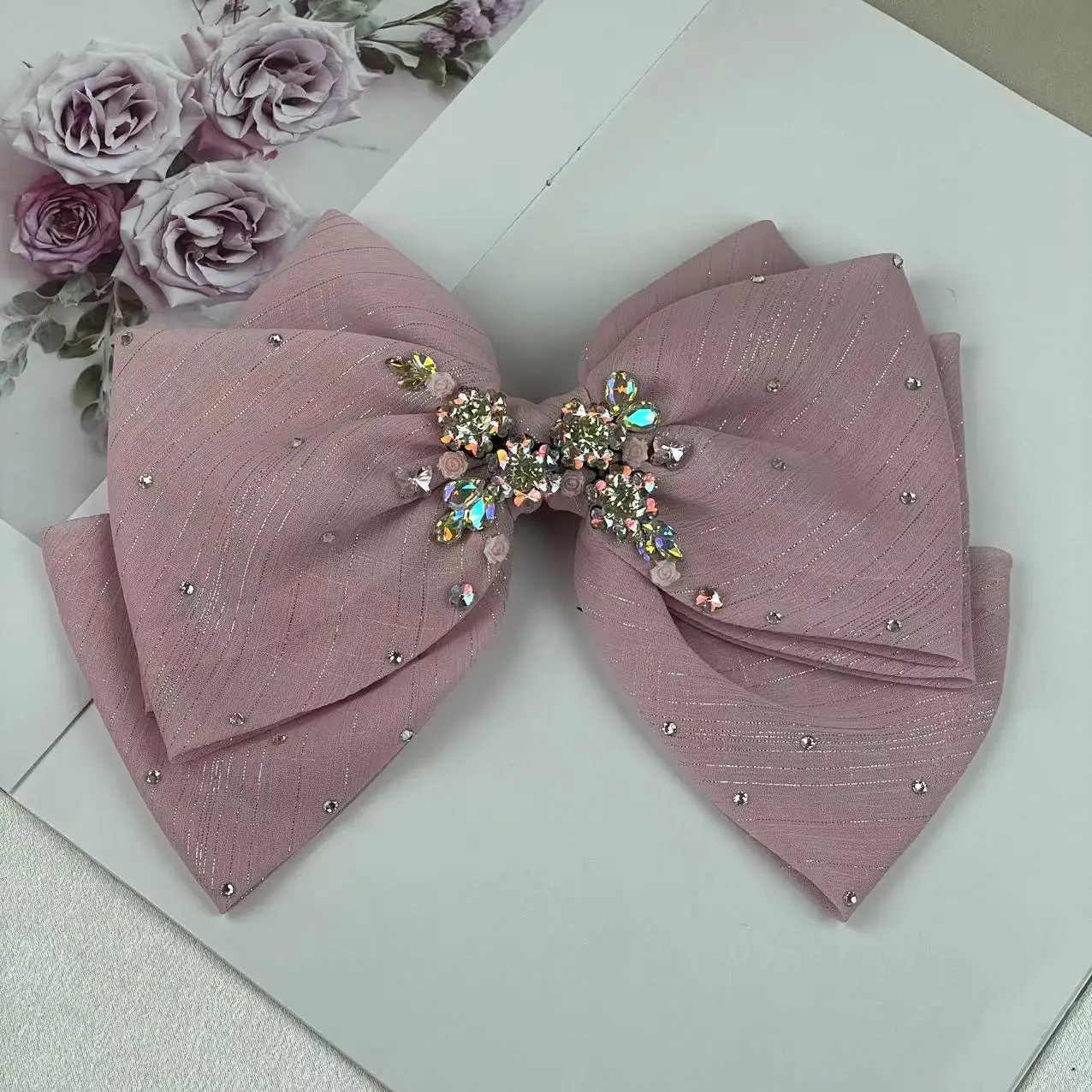 

Original Design Heavy-Duty Four-Layer Satin Rhinestone Bow Sweet and Elegant Hair Accessory Spring Clip Headpiece