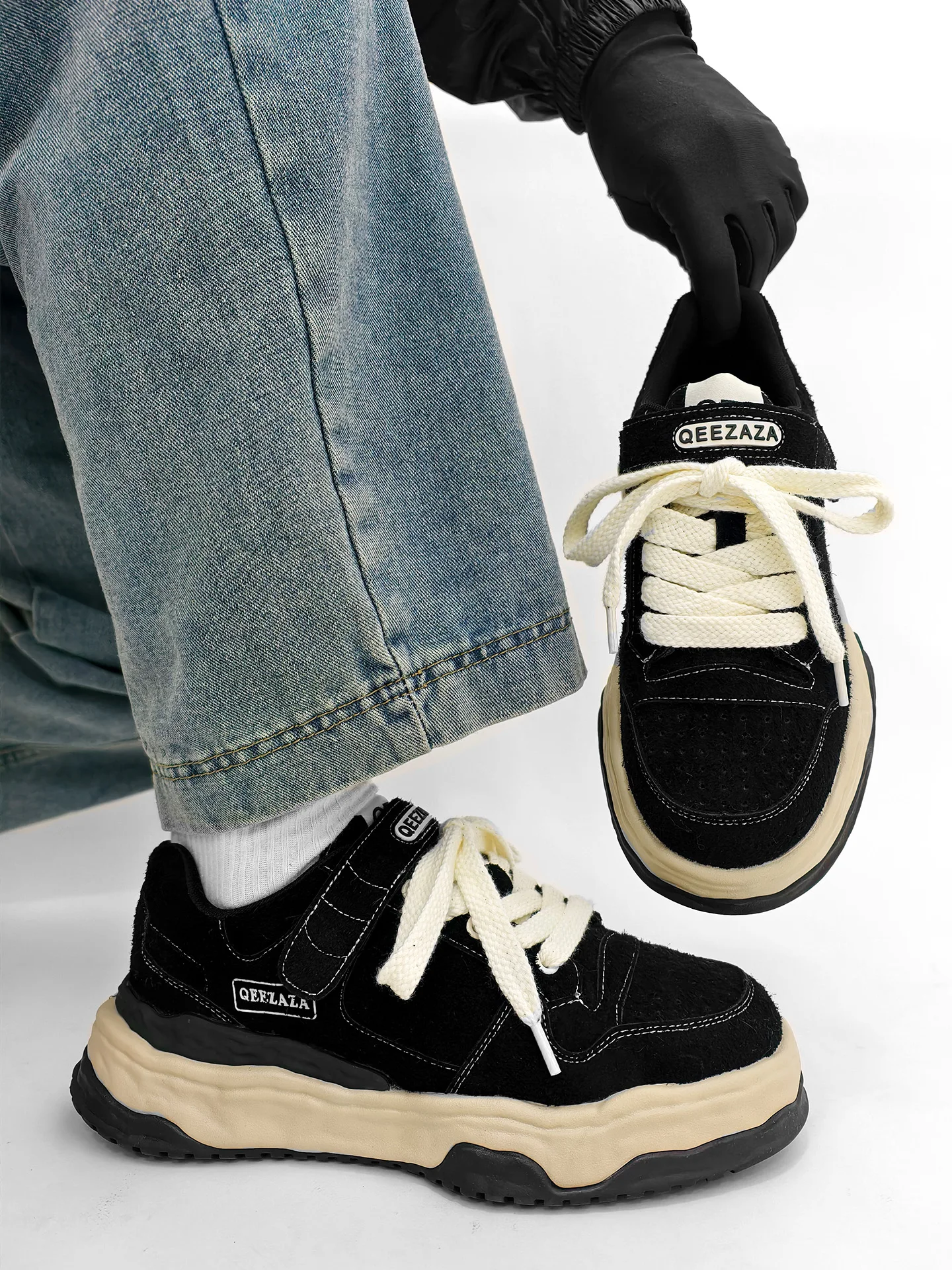 trendy-dissolving-oes-ex-lace-up-thi-heeled-vintage-workwear-oes-with-magic-tape-closure-in-bla-suede-material