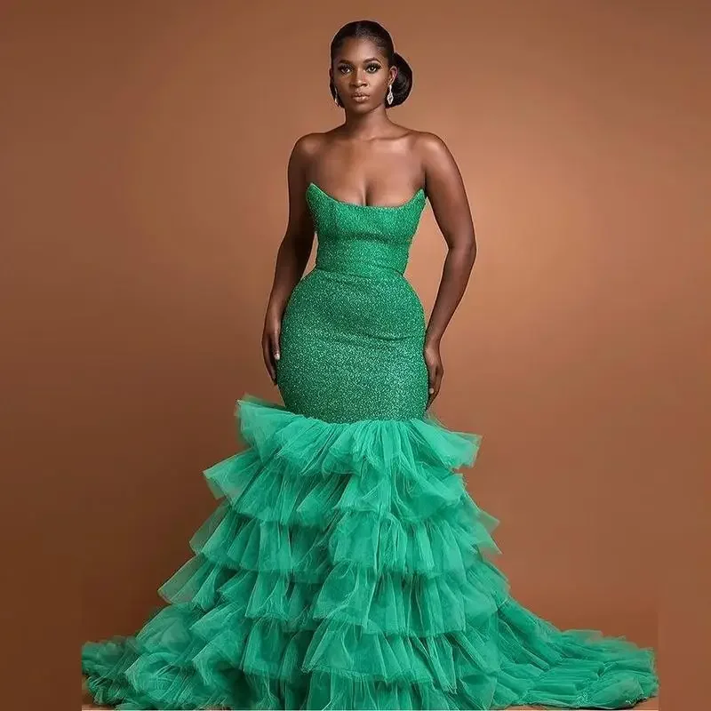 

Black Girls Green Mermaid Prom Dress Evening Dress African Women Party Gowns Sleeveless Tiered Tulle Bottom Ruffle Plus Size