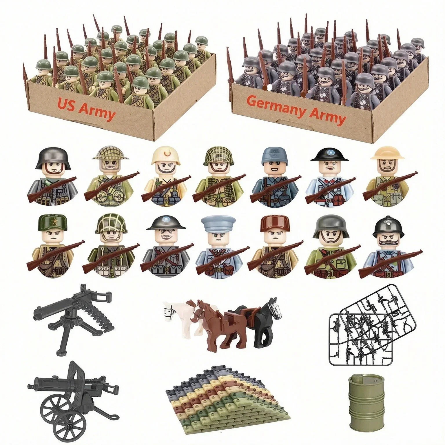 DIY 40PCS WWII Military Action Figures Scale Building Blocks Set Soldiers Army Men Infantry Battle Gear Cannon Toy Gifts