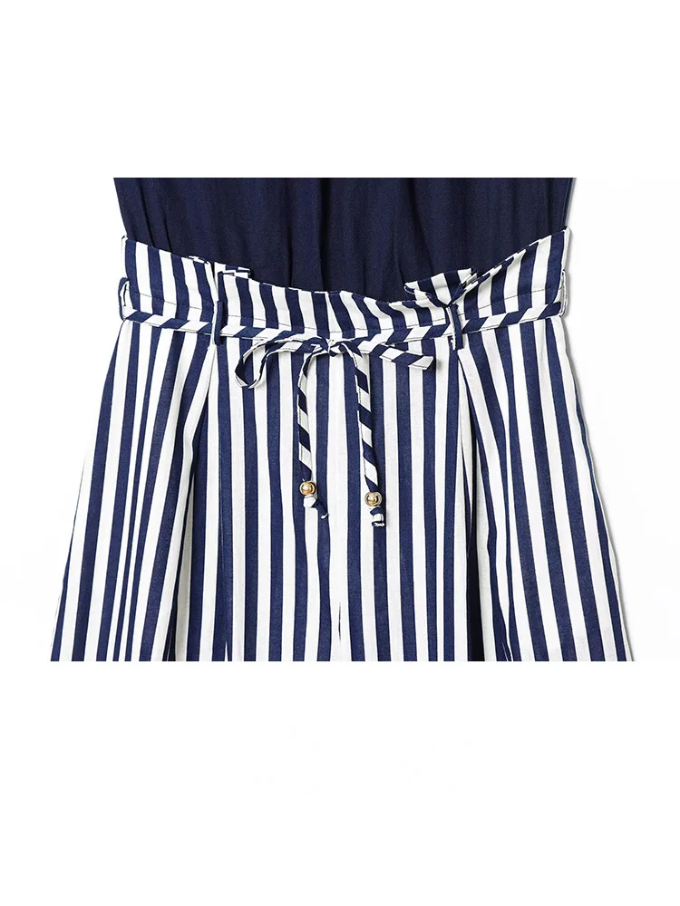 HH Women Autumn Fashion Crew Neck Belt Decoration Striped Jumpsuit Female Pockets Back Hollow Zipper Sleeveless Jumpsuit