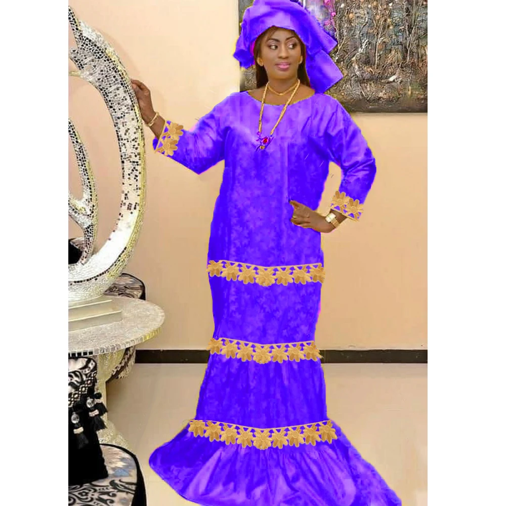 Bright Purple African Bazin Dress With Stones Embroidery Guipure Dsahiki Nigerian Indian Women Wedding Traditional Basin Robe