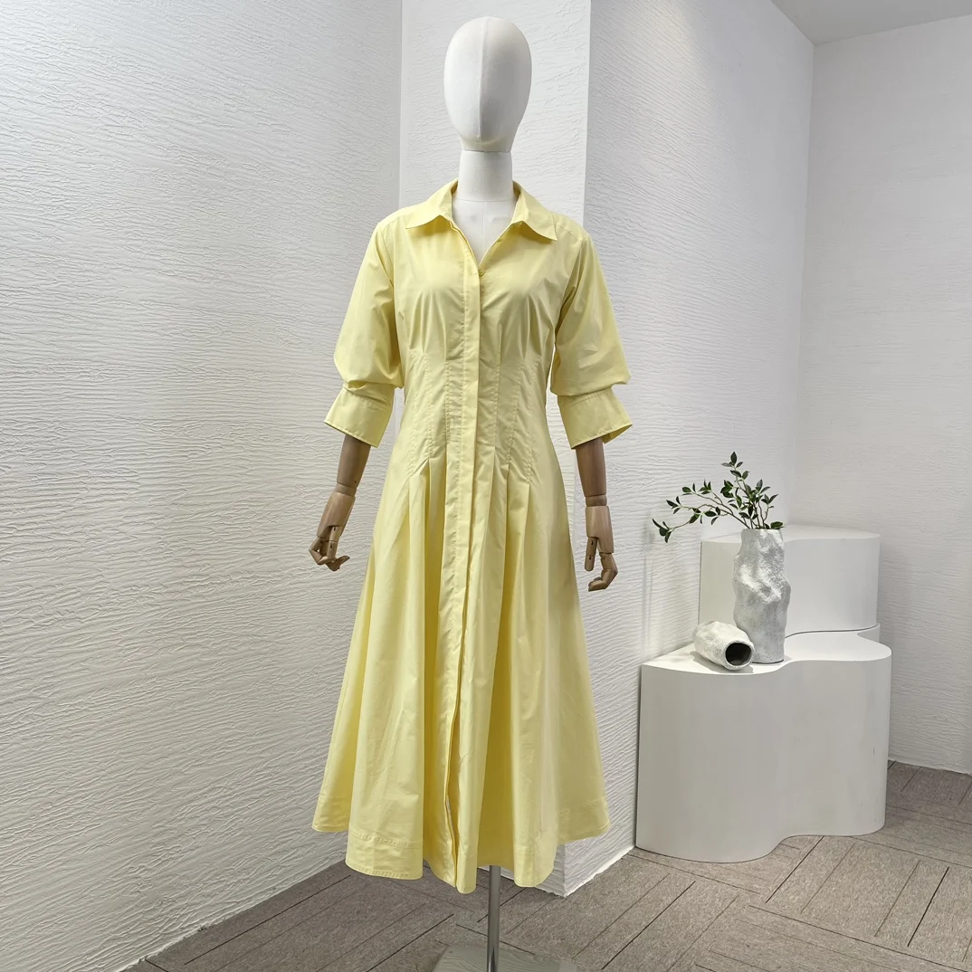 

2024 High Quality Yellow New Half Sleeve Pleats Waist Women Solid Spring Summer Elegant Dress