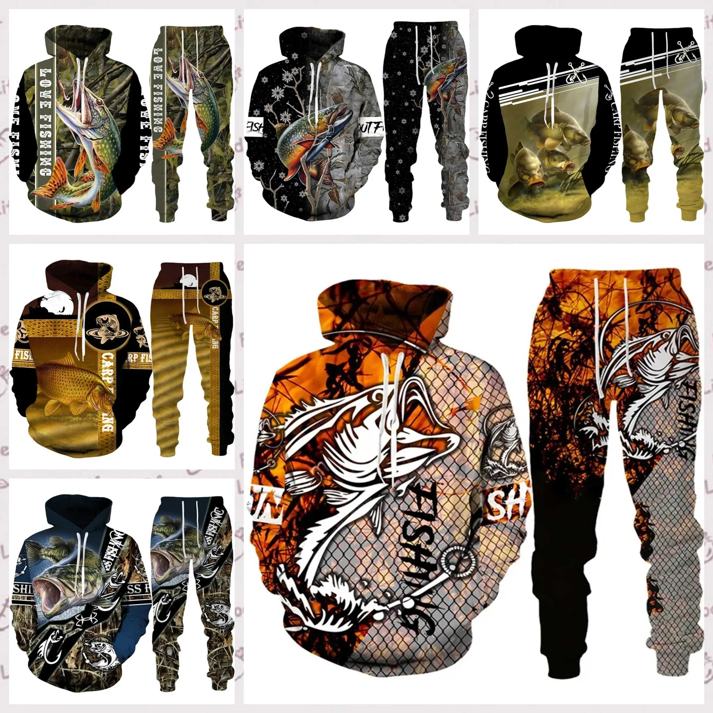 

Hot 3D Fish Printed Men Women Hoodie And Pants 2pcs Sets Camo Fishing Hunting Camping Clothes Fashion Outdoor Jogging 2pcs Sets